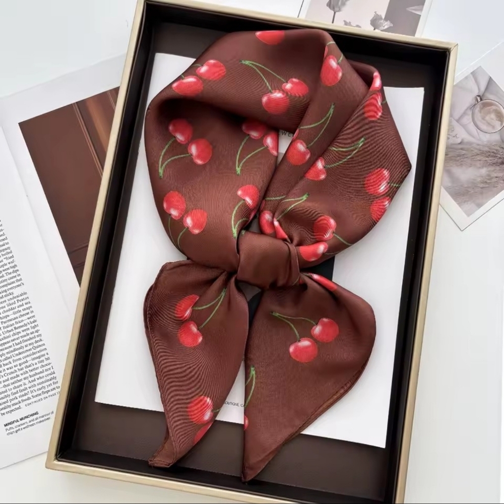 Luxury Cherry Print Brown Satin Square Scarf